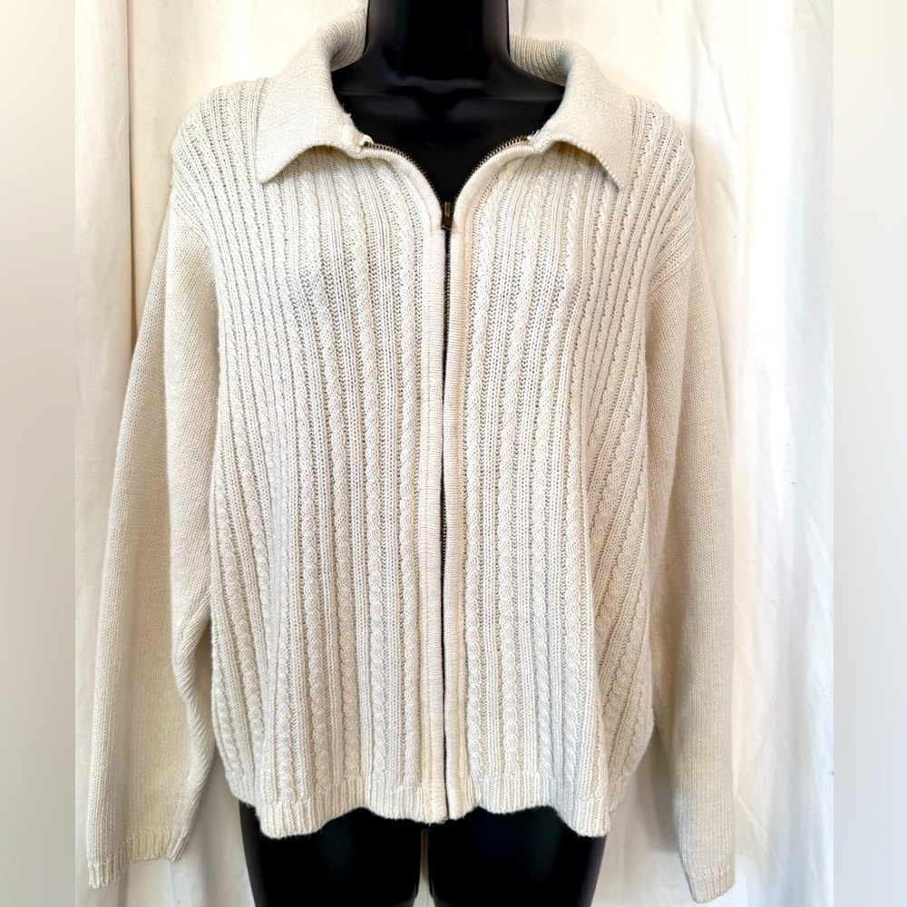 Shenanigans Women's‎ Sz M Full Zip Ivory Cable Knit Irish-Style Collared Sweater
